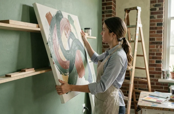 Femme accrochant un grand tableau abstrait peint à la main sur un mur vert sauge dans un atelier de décoration intérieure