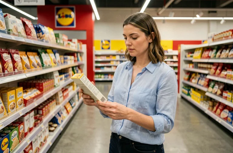 Femme comparant les prix et la qualité des produits dans un rayon Lidl en 2024