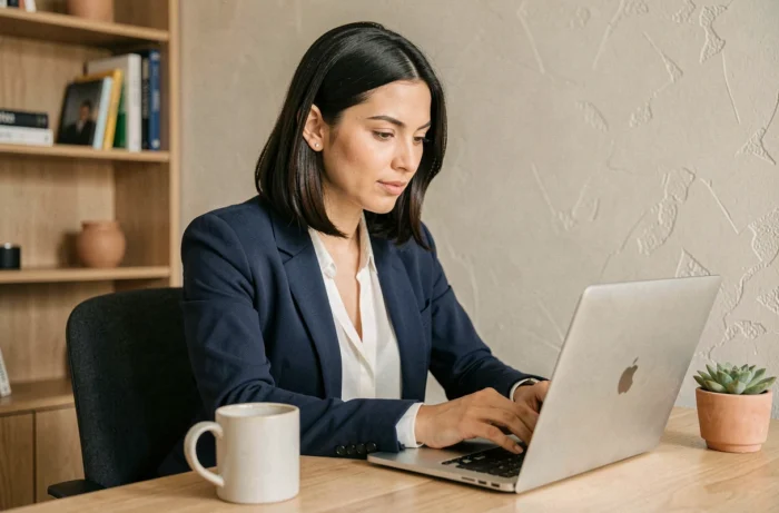 Femme cherchant un emploi en ligne depuis son bureau à domicile avec un ordinateur portable
