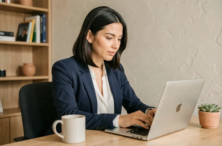 Femme cherchant un emploi en ligne depuis son bureau à domicile avec un ordinateur portable