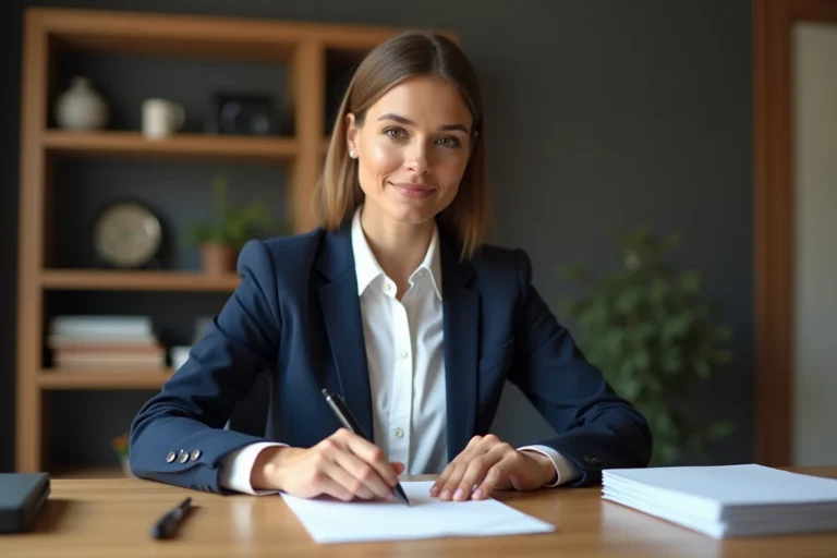 Femme professionnelle rédigeant une enveloppe pour une candidature spontanée dans un bureau organisé