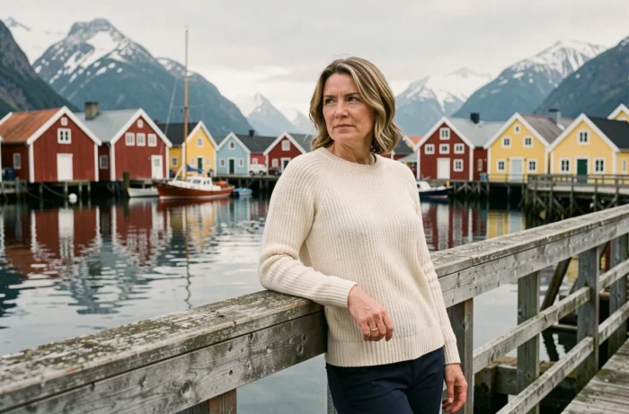 Femme appuyée sur un ponton en bois dans un village de pêcheurs scandinave avec fjord et maisons colorées en arrière-plan