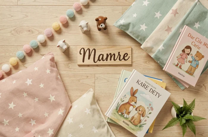 Flat-lay éditorial d'éléments de décoration pour chambre d'enfant incluant guirlandes pastel, figurines céramiques et accessoires en bois naturel
