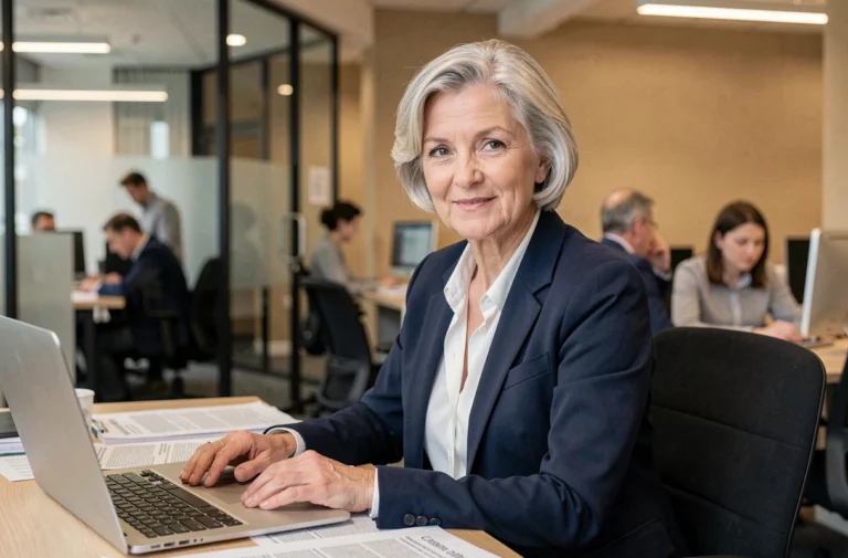 Journaliste française professionnelle dans la cinquantaine assise dans une rédaction moderne, blazer marine, expression confiante