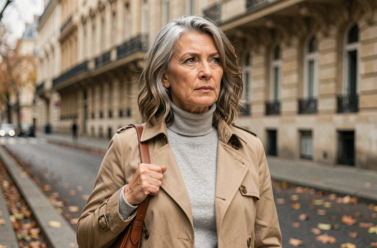 Journaliste française accomplie en manteau beige dans une rue parisienne haussmannienne en automne, expression pensive et élégante
