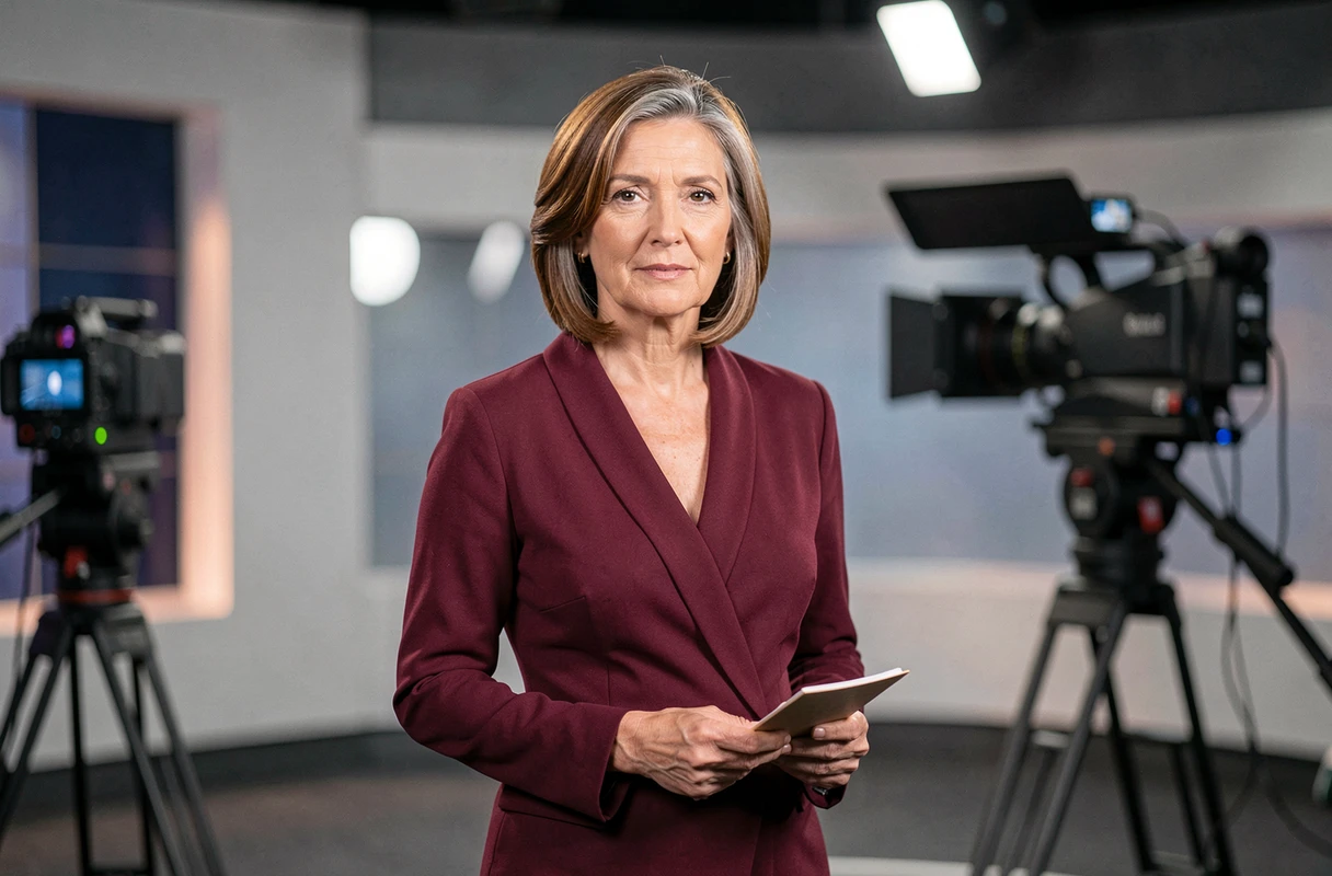Journaliste de télévision française expérimentée debout dans un studio de diffusion, robe bordeaux, bloc-notes à la main