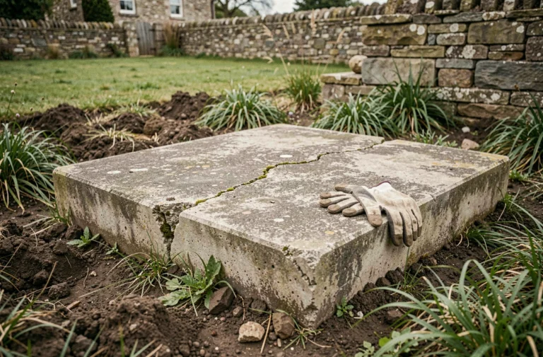 Couvercle de fosse septique ancienne en béton partiellement découvert dans un jardin rural, avec texture usée et mousses