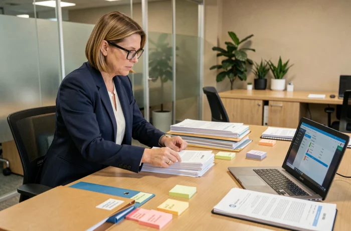 Femme professionnelle organisant des documents administratifs dans un bureau moderne avec dossiers classés et ordinateur portable