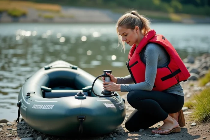 Femme gonflant un kayak Advanced Elements Lagoon 1 sur les berges rocheuses d'une rivière avec une pompe manuelle