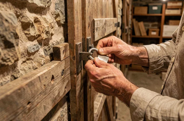 Gros plan de mains installant un cadenas à double verrouillage sur une porte en bois de cave en pierre