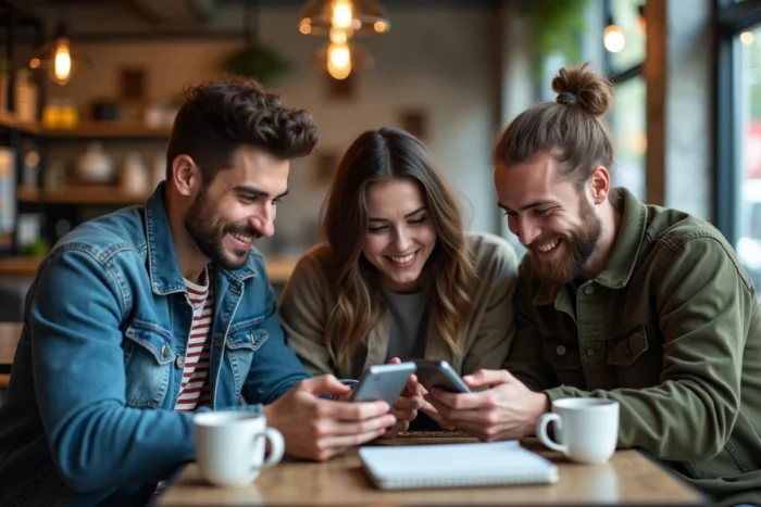 Groupe d'amis geeks partageant des astuces et actualités technologiques sur leurs appareils dans un café urbain