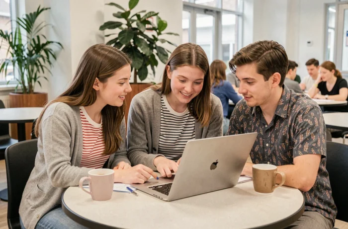 Groupe d'étudiants utilisant une application universitaire sur ordinateur portable dans la cafétéria du campus