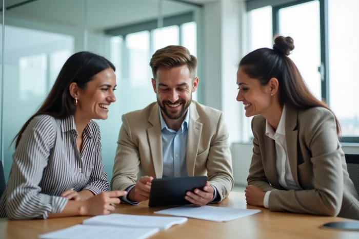 Groupe de professionnels consultant les modalités d'inscription à une formation événementielle et business en salle de réunion
