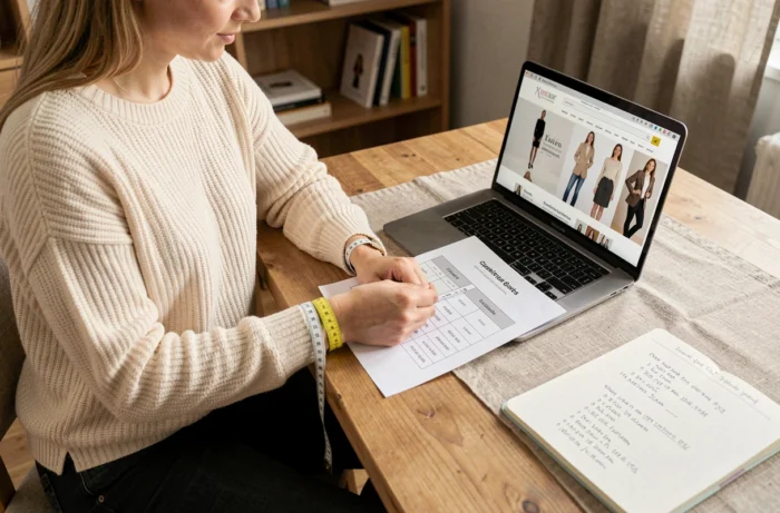 Femme consultant un guide des tailles Grain de Malice avec un mètre ruban à la maison