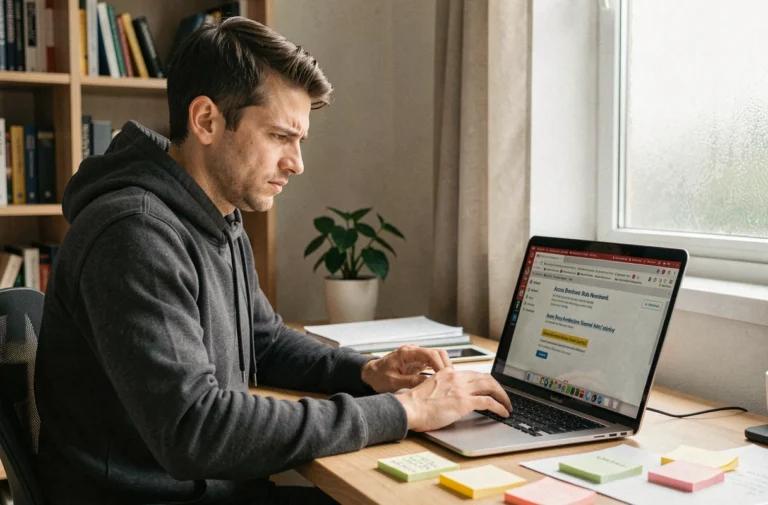 Homme frustré devant un ordinateur portable affichant une page d'accès bloqué, illustrant les problèmes d'accès à BIM VUP en 2026