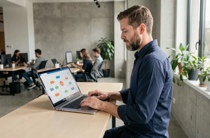 Homme debout analysant un diagramme de sitemap visuel sur un laptop dans un espace de coworking moderne
