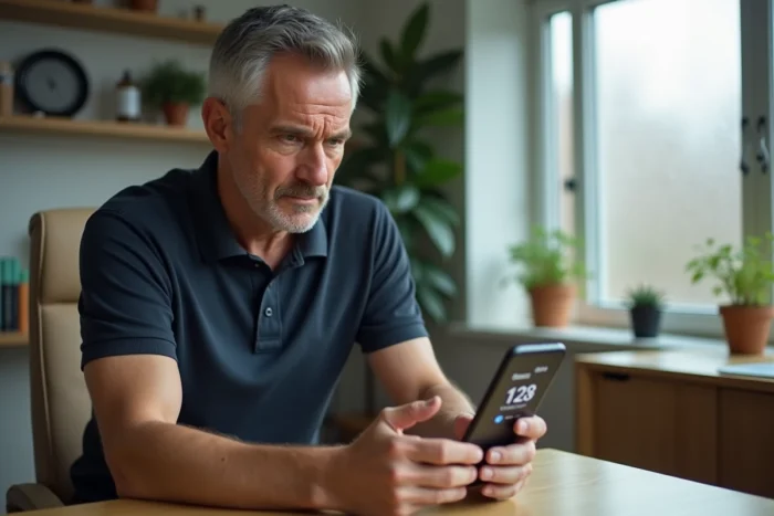 Homme d'affaires consultant une application de comptage de pas sur son smartphone avec une expression perplexe