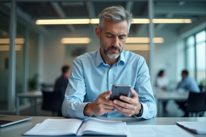 Homme en bureau bloquant un numéro de téléphone indésirable 0162 sur son smartphone professionnel