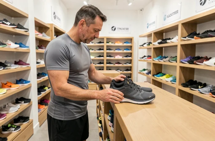 Homme inspectant des chaussures de sport haut de gamme dans un magasin d'équipements sportifs moderne