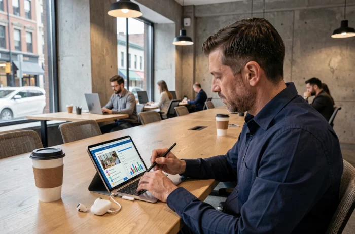 Homme suivant un cours en ligne sur une tablette dans un espace de coworking moderne