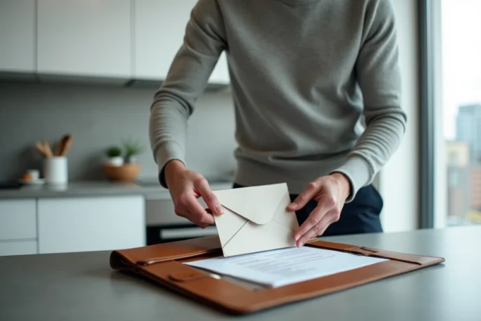 Homme rangeant une enveloppe de candidature spontanée dans un portfolio en cuir dans un appartement moderne