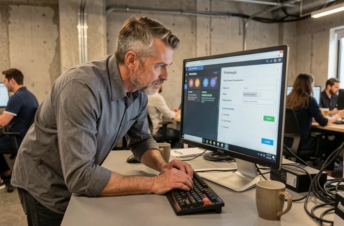 Homme configurant un pare-feu et un tableau de bord de sécurité informatique dans un bureau professionnel