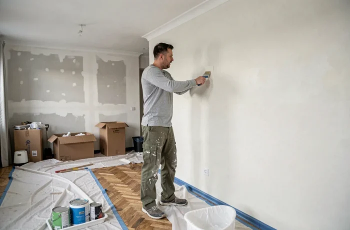 Homme peignant un mur blanc dans un salon en cours de rénovation avec des bâches de protection au sol