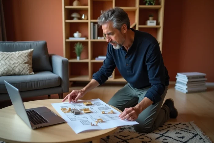 Homme arrangeant un plan d'aménagement intérieur avec un simulateur de décoration 3D sur laptop dans un salon en cours d'agencement