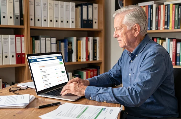 Homme âgé recherchant des coordonnées sur un annuaire en ligne depuis son bureau à domicile