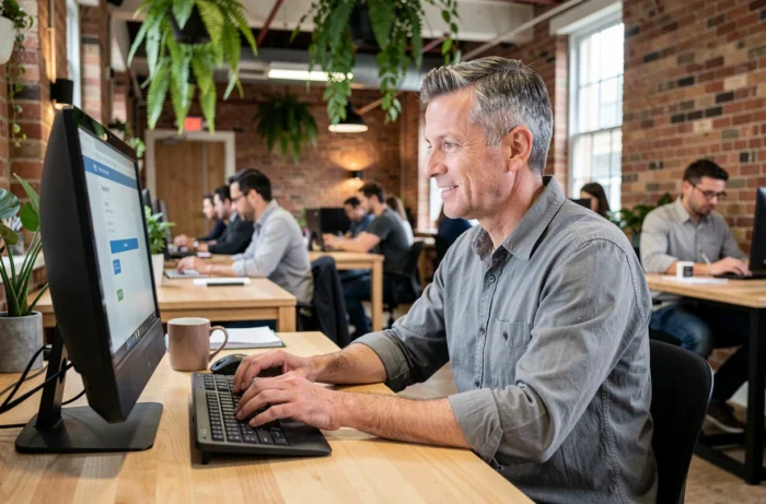 Homme d'âge mûr utilisant un service en ligne pour trouver un emploi dans un espace de coworking