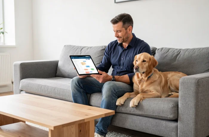 Homme parcourant la carte du site Chabadog sur une tablette avec son chien golden retriever sur le canapé