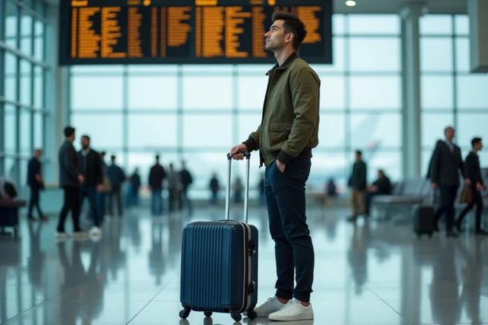 Homme avec une valise dans un terminal d'aéroport international regardant le tableau des départs