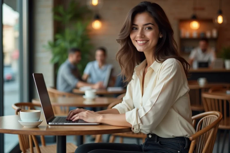 Jeune femme américano-libanaise souriante assise dans un café moderne avec un ordinateur portable, illustrant le parcours d'une influenceuse contemporaine