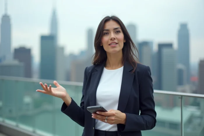 Influenceuse d'origine libanaise en blazer sur un toit terrasse urbain avec une vue sur la ville, symbole de parcours médiatique et de notoriété internationale