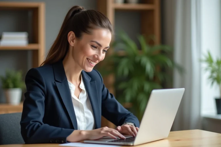 Femme professionnelle s'inscrivant sur une plateforme de formation en ligne pour booster sa carrière événementielle