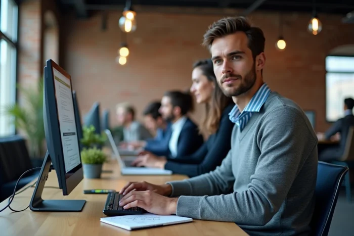 Jeune professionnel qui s'inscrit à une formation business événementielle dans un espace de coworking moderne