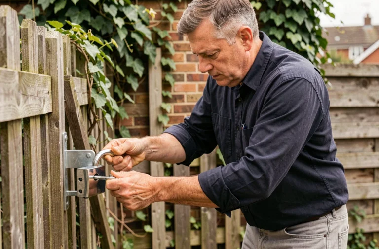Homme installant un cadenas sécurisé à double verrouillage sur un portail en bois dans un jardin