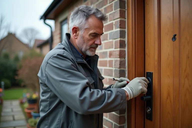 Un homme installe un verrou de sécurité sur la porte d'entrée de sa maison pour se protéger contre les cambriolages