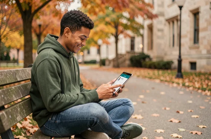 Jeune diplômé consultant une plateforme d'emploi en ligne sur une tablette en extérieur sur un campus