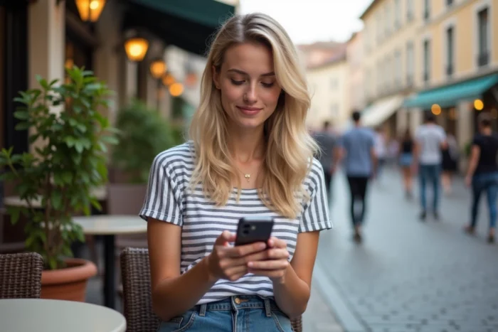 Jeune femme aux cheveux stylisés consultant un smartphone pour trouver un coiffeur pas cher à Lyon