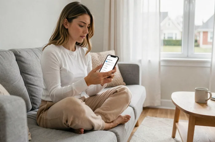 Jeune femme consultant le programme d'une formation en ligne sur son smartphone depuis son canapé