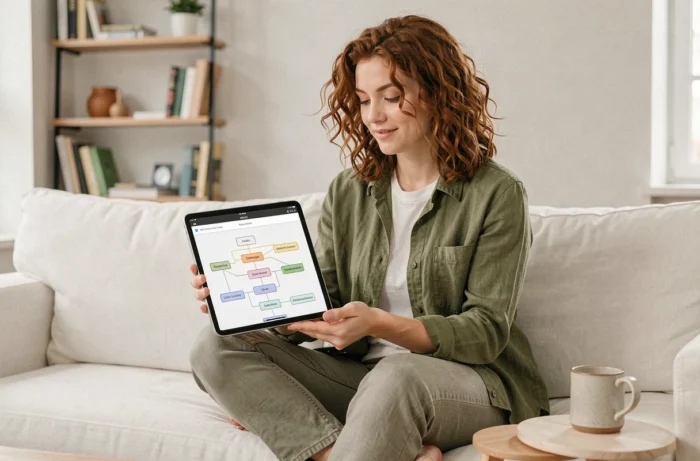 Jeune femme consultant une arborescence de sitemap sur tablette dans un salon moderne pour améliorer la navigation