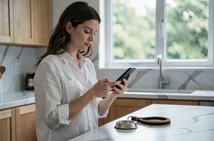 Jeune femme utilisant son smartphone pour naviguer sur la carte du site Chabadog dans une cuisine moderne