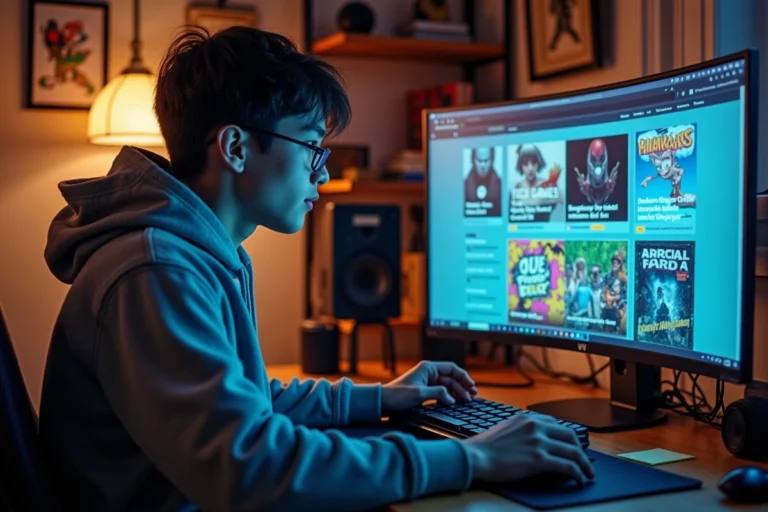 Jeune homme geek naviguant sur des sites d'astuces tech et d'actualités geek depuis son bureau à domicile