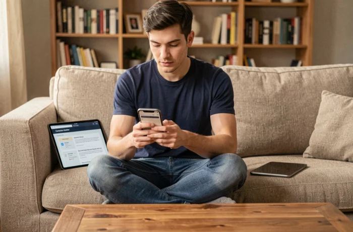 Jeune homme consultant un guide de dépannage sur smartphone pour retrouver l'accès à BIM VUP depuis un salon