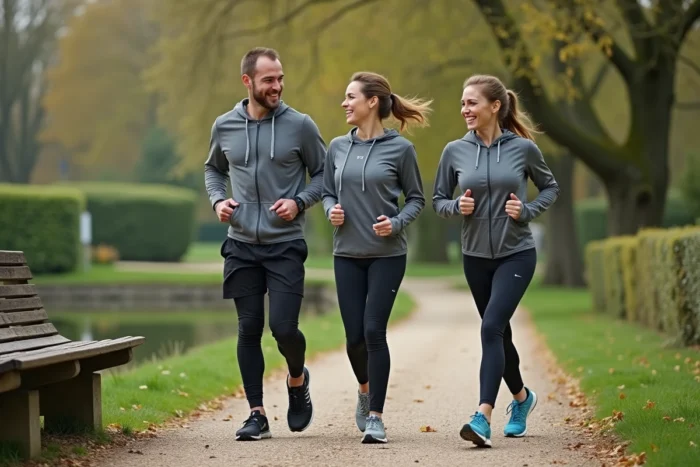 Trois amis en tenue de sport faisant une pause après un jogging dans un parc public de Cholet