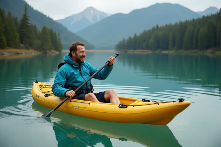 Homme pagayant dans un kayak gonflable Advanced Elements Lagoon 1 sur un lac calme entouré de forêts de pins
