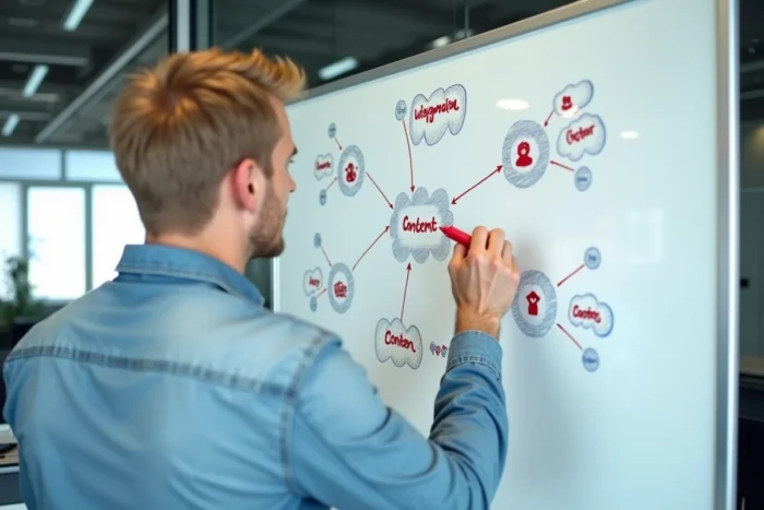 Un consultant SEO dessine un schéma de maillage interne par cocon sémantique avec des nœuds reliés sur un tableau blanc coloré