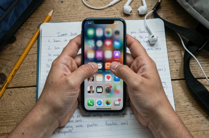 Gros plan de mains d'adolescent tenant un smartphone avec des notifications sur les réseaux sociaux, symbolisant les risques numériques pour les jeunes