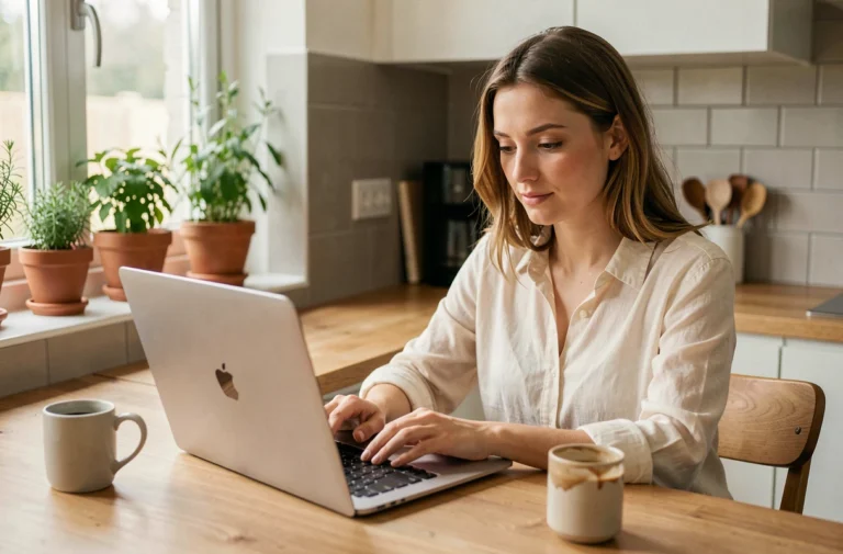 Jeune maman parcourant des ressources en ligne sur son ordinateur portable dans une cuisine moderne et chaleureuse